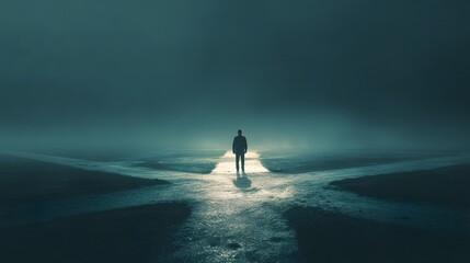 Solitary figure stands at a dimly lit intersection with multiple path choices in a dark, misty environment