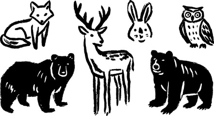 Animal silhouettes of a fox, deer, rabbit, owl, and bear. Black hand-drawn outline illustrations in a simple style, included as a set of vector illustrations.