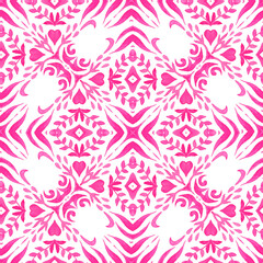 Abstract hand drawn watercolor tile seamless ornamental pattern. Floral pink pattern design with intricate shapes on white background  