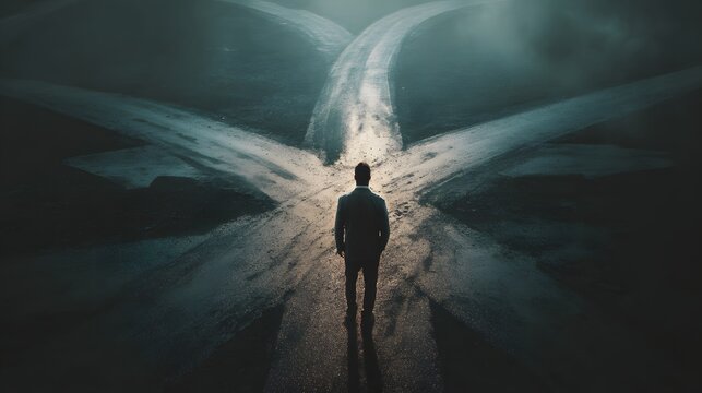 Businessman stands at a dark crossroads with multiple diverging paths leading into fog