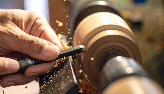 craftsman’s hand using a chisel on a spinning wooden piece on a lathe machine