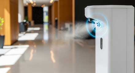 Modern automatic hand sanitizer dispenser misting in a clean office hallway with natural light