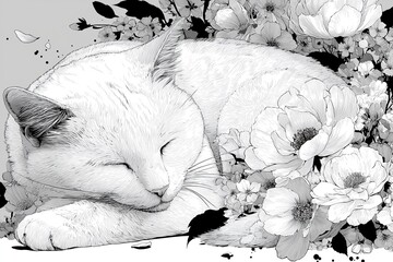 Sleepy white cat surrounded by delicate flowers in a peaceful black and white illustration