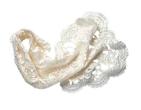 Ivory lace textile draped, intricate patterns and scalloped edges on dark backdrop