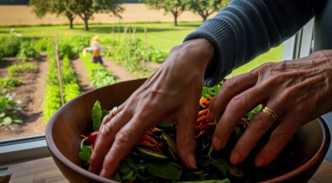 M&atilde;os de uma idosa preparando salada com legumes da horta.