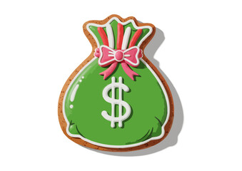 Christmas cookie in a festive bag shape decorated with colorful icing and candies
