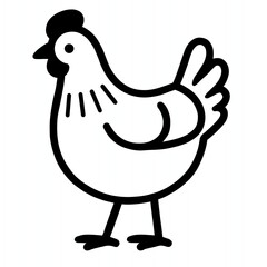 The image features a simple black-and-white illustration of a chicken. The design is cartoonish, with a rounded body, a distinct comb on its head, and a cheerful expression.