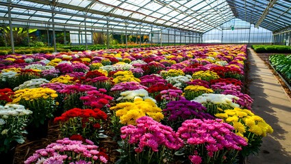 Colorful chrysanthemum flowers growing in greenhouse