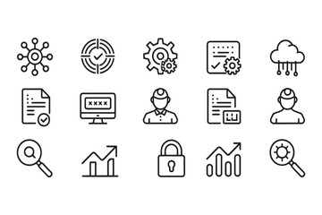 Collection of business and technology icons in a simple line art style