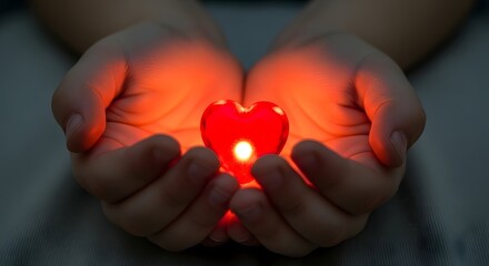 Fototapeta premium Heart in hands with glowing red heart symbolizing love and care