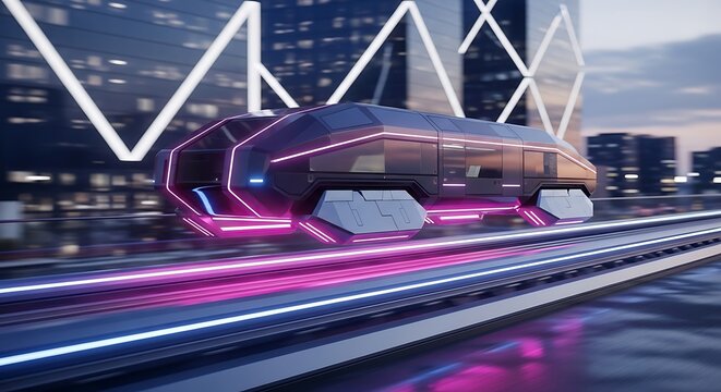 Futuristic neon maglev train speeding through a modern cyberpunk city at dusk.