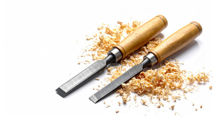 Woodworking carpenter chisel tool and wood shavings isolated at white background 