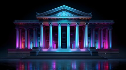 Neoclassical structure illuminated with vibrant cyan and magenta lighting against a dark background