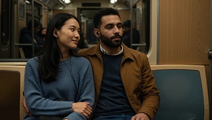 A diverse young couple shares music with earphones on a subway train. Romantic man and woman enjoying a moment of connection during their commute