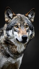Obraz premium Majestic Gray Wolf Portrait with Intense Yellow Eyes on Dark Background.