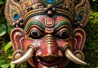 Intricate wooden mask with vibrant colors and detailed craftsmanship, cultural design element