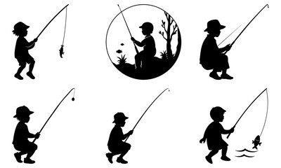 Silhouette of Children Fishing