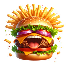 PNG vector of a big laughing burger with fun french fries as spiky hair, smiling face, and playful cartoon