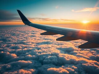 Naklejka premium Stunning Aerial View from Airplane Window During Golden Hour Above a Sea of Clouds