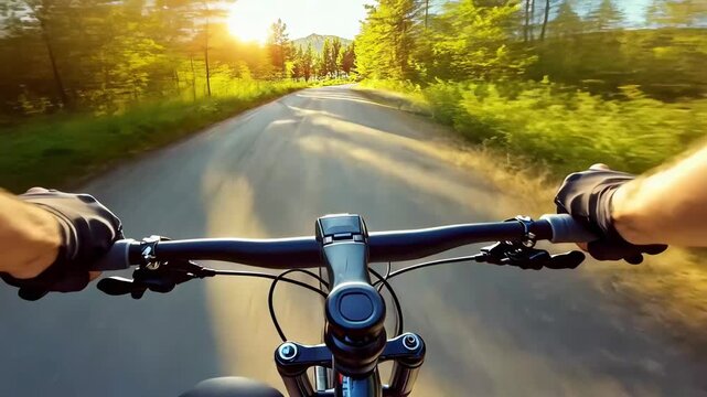 Cycling through a sunlit forest path