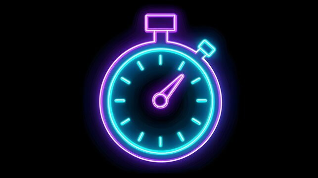 Illuminated stopwatch graphic glows brightly with neon effect against a dark background