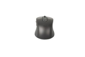 Studio shot of a modern dark gray/black wireless computer mouse with a scroll wheel and side buttons for enhanced usability. The design is sleek and ergonomic, making it suitable for office work, pers