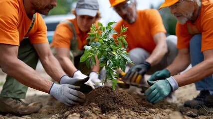 A Community of Planting: A group of community volunteers working together, planting a sapling, contributing towards a greener tomorrow, a symbol of hope. 