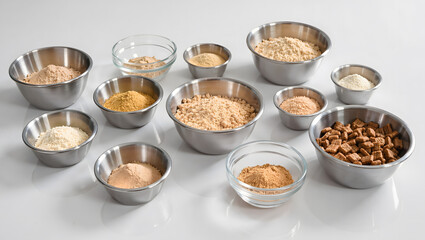Assorted dry pet food ingredients in metal bowls on white background