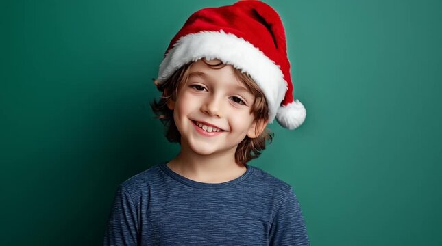 Smiling young boy wearing a Santa hat on a green background, symbolizing Christmas joy and childhood happiness.
