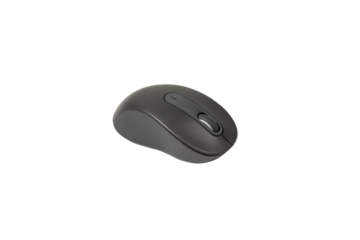 Studio shot of a modern dark gray/black wireless computer mouse with a scroll wheel and side buttons for enhanced usability. The design is sleek and ergonomic, making it suitable for office work, pers