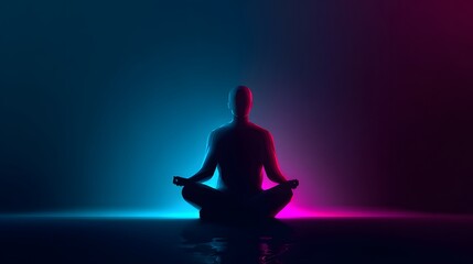 Silhouetted figure practicing meditation posture illuminated by neon lighting in a dark setting