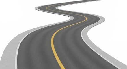 Winding asphalt road with yellow center line on white background, perspective