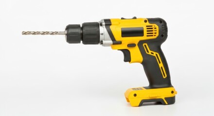 Yellow and black cordless drill with metal bit on plain white background, side view