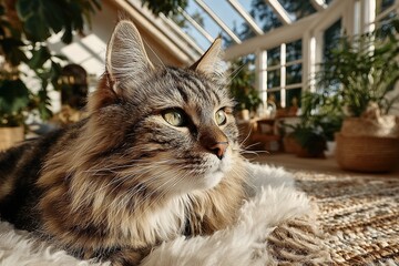 Cat relaxes in sunlit room filled with plants and natural light during afternoon hours