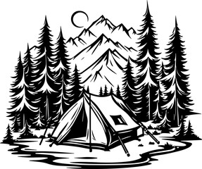 Minimalist camping concept in mountain with tent campfire
