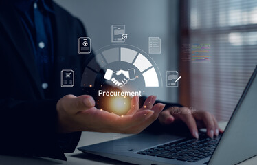 Businessman using laptop with digital procurement interface showing handshake, document approval, invoice icons, representing e-procurement, business contract automation, and digital supply chain.