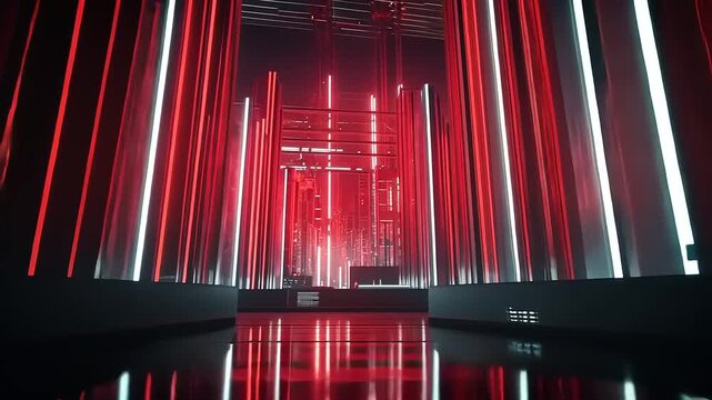 Abstract red and white light installation on black reflective surface background