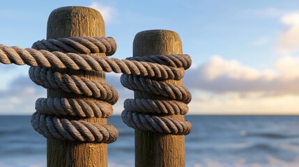 Wooden Posts with Twisted Rope by the Ocean at Sunset