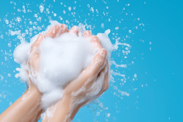Fototapeta premium Hands washing with soap foam and splashing water