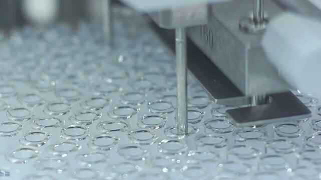 High-definition footage of an automated cleanroom assembly where glass ampoules are washed, filled with injectable medication, sterilized, and hermetically sealed. Showcases precision robotics, strict