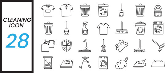 Collection of hand drawn cleaning icons representing various household chores and tools