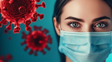 Close-up of a woman wearing a protective face mask surrounded by red virus particles. Concept of pandemic and health protection.
 - Powered by Adobe