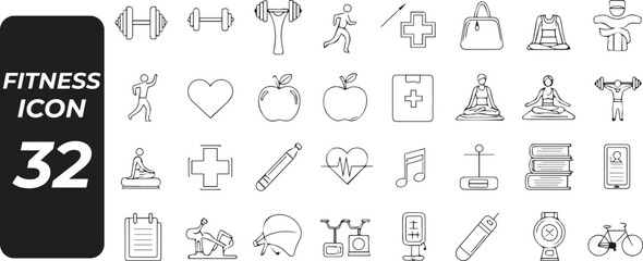 Collection of hand drawn fitness and exercise icons representing health and wellness activities