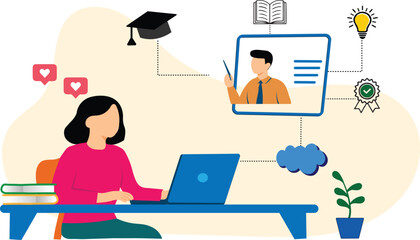 Online Education Concept Illustration – Student Learning on Laptop with Virtual Teacher, E-Learning Course, Digital Classroom, and Distance Study for Modern Education Technology