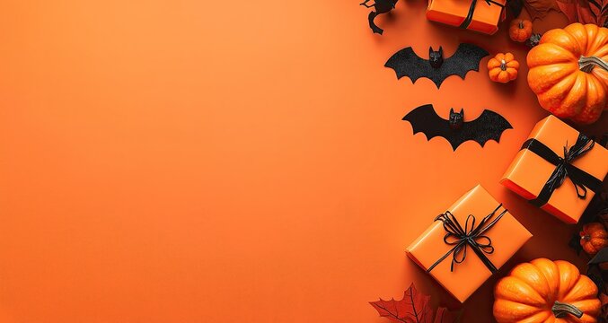 Halloween flat lay with orange gift boxes, black bat motifs, pumpkins, and bat-shaped decorations creating an exciting atmosphere for holiday marketing designs. Perfect for Halloween advertising.