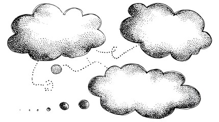 Hand drawn sketch style speech bubbles depict networked thought processes across abstract cloud shapes
