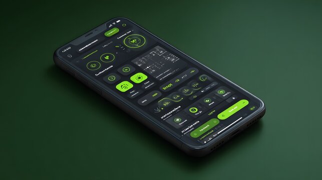 Smartphone displaying a dark mode application interface with vibrant lime green accents on a solid dark green surface