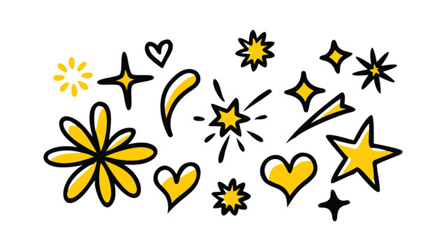 Yellow and Black Doodle Stars Hearts and Flower Shapes on White Background (37