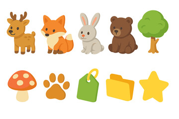 Fototapeta premium Animal and nature icon set. Cute forest creatures and nature flat icons collection
