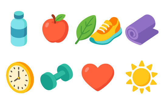 Health and fitness icon set. Flat style wellness, activity, exercise icons collection